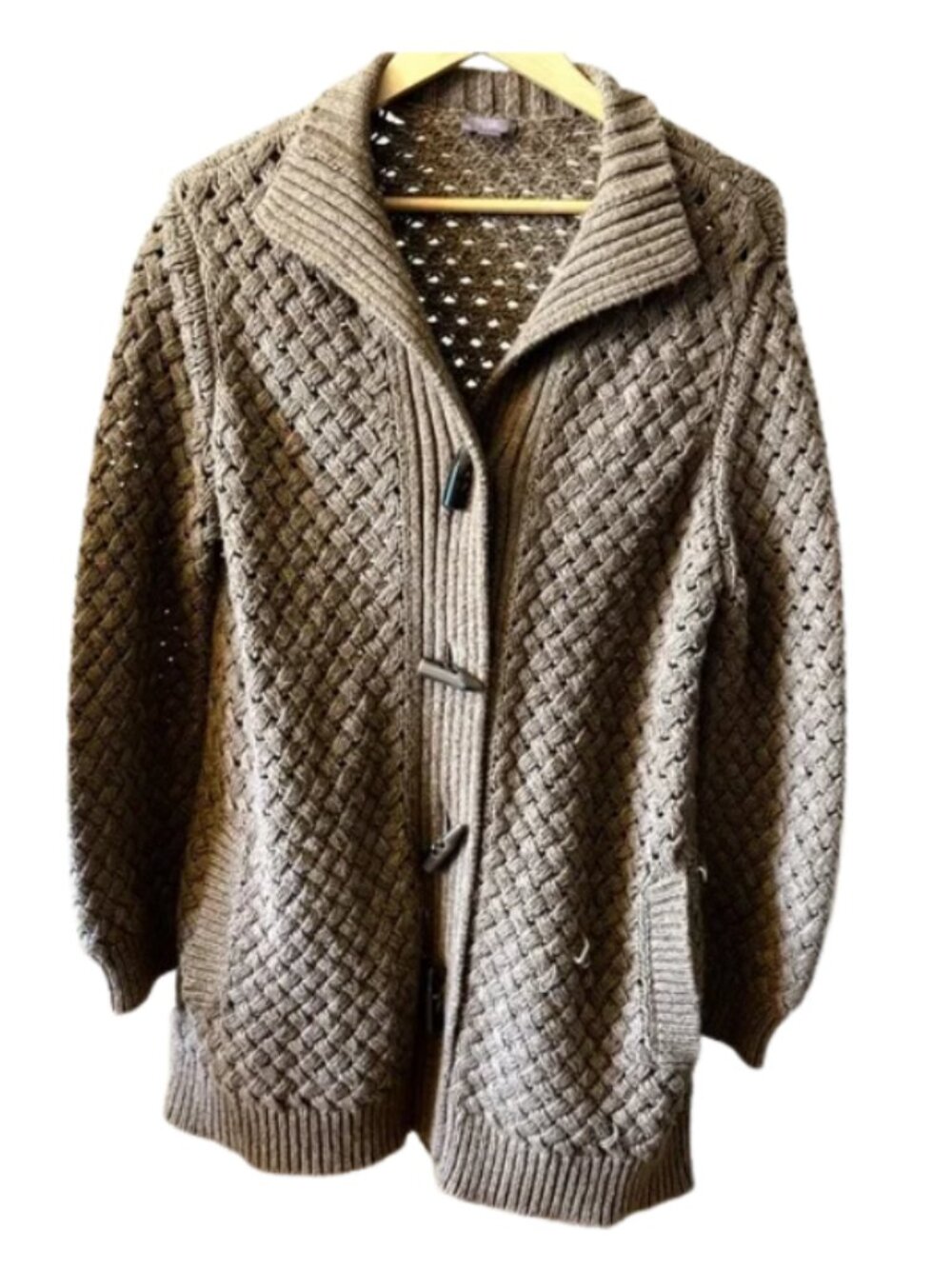 J. Jill Brown Herringbone Knit Cardigan Sweater Toggle Front Medium - Picture 1 of 10